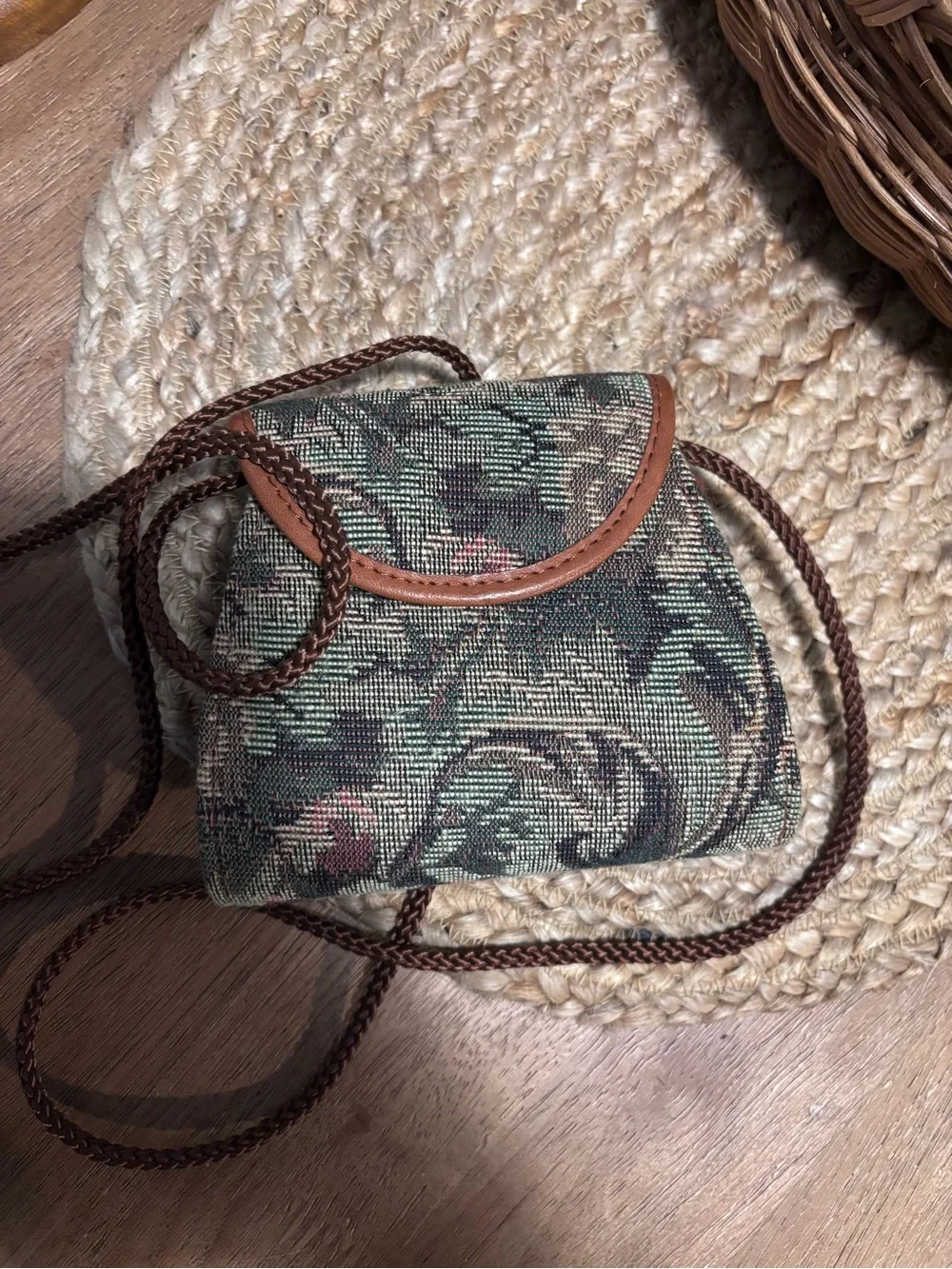 Rolfs Tapestry Green Floral Woven Crossbody with Brown Leather Trim